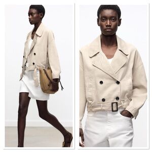 Zara Short Trench-Style Cropped Jacket Sz:S Ecru